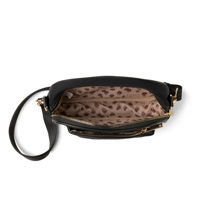 Black handbag with gold accents 
