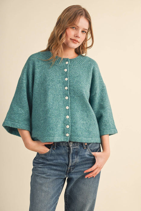 Elbow Sleeve Sweater Cardigan | Relaxed Button Down Knit Top