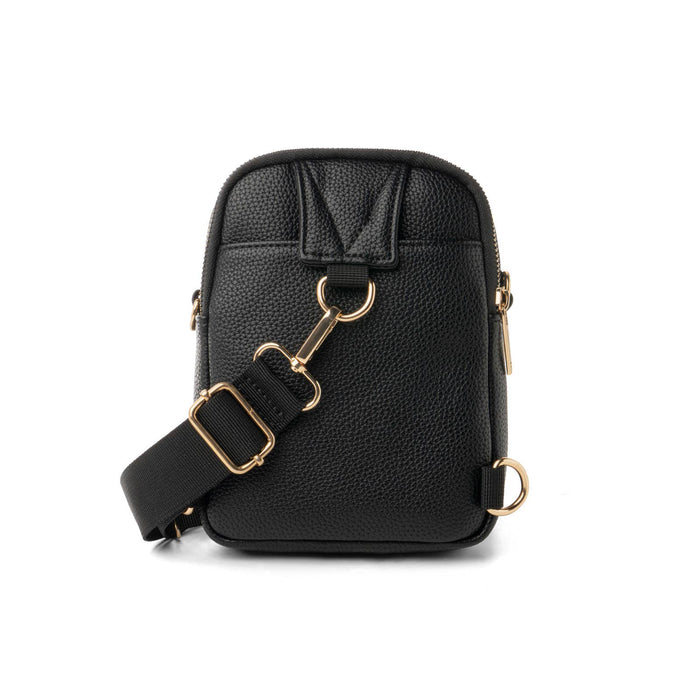 Black leather crossbody bag with gold accents 