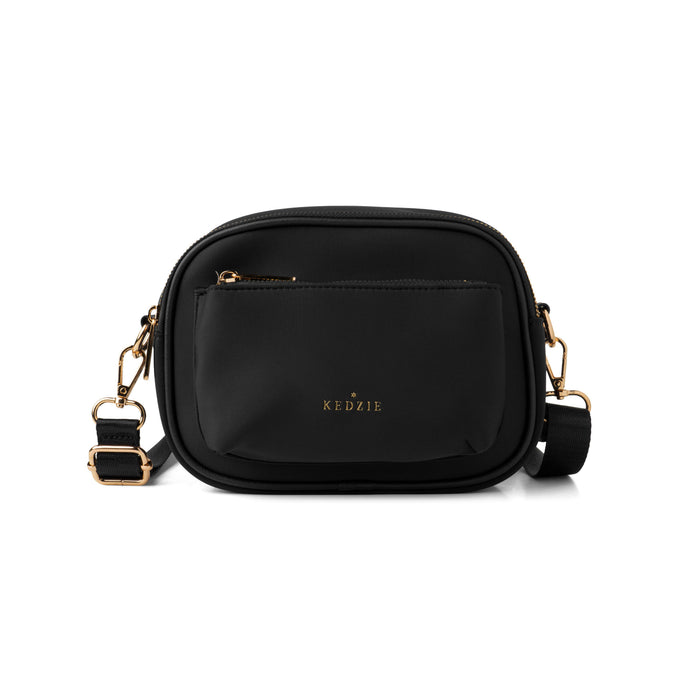 Black handbag with gold accents 