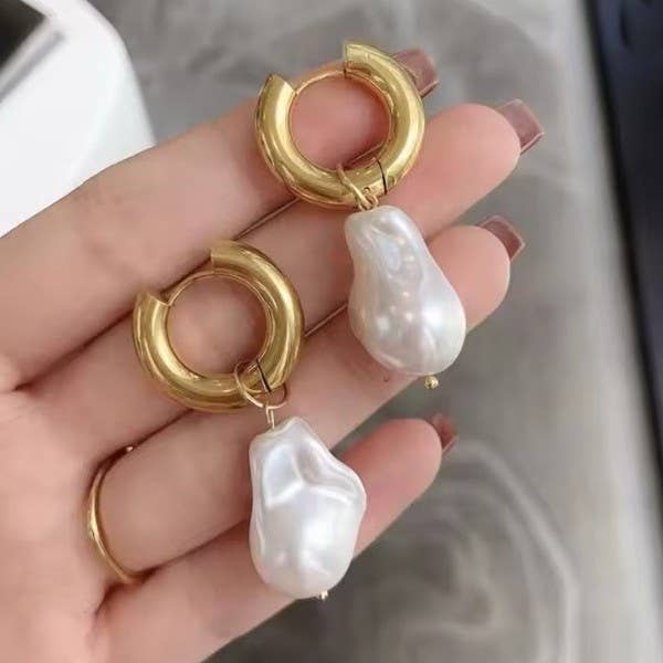 Pearl Drop Huggie Hoop Earrings