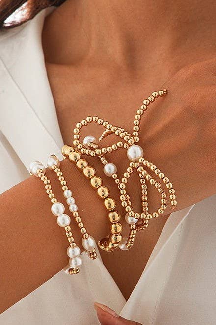 Layered Pearl Bow Charm Bracelet | Gold Beaded Stretch Bracelet