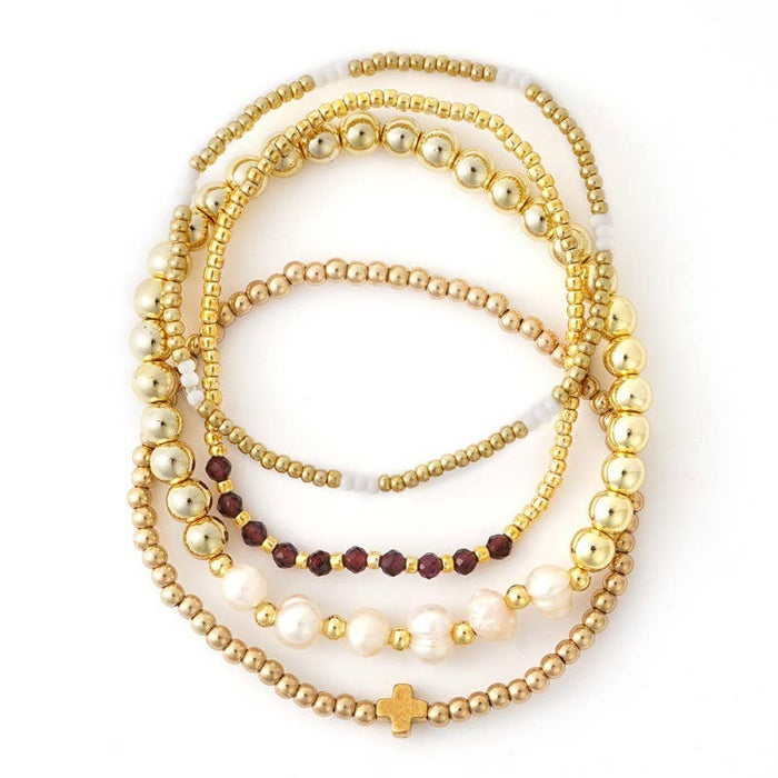 Pearl & Gold Ball Multi-Bead Stretch Bracelet