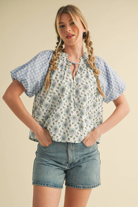 Floral Bubble Sleeve Blouse | Contrast Gingham Sleeve Top