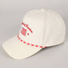 White cap with red text and American flag design 