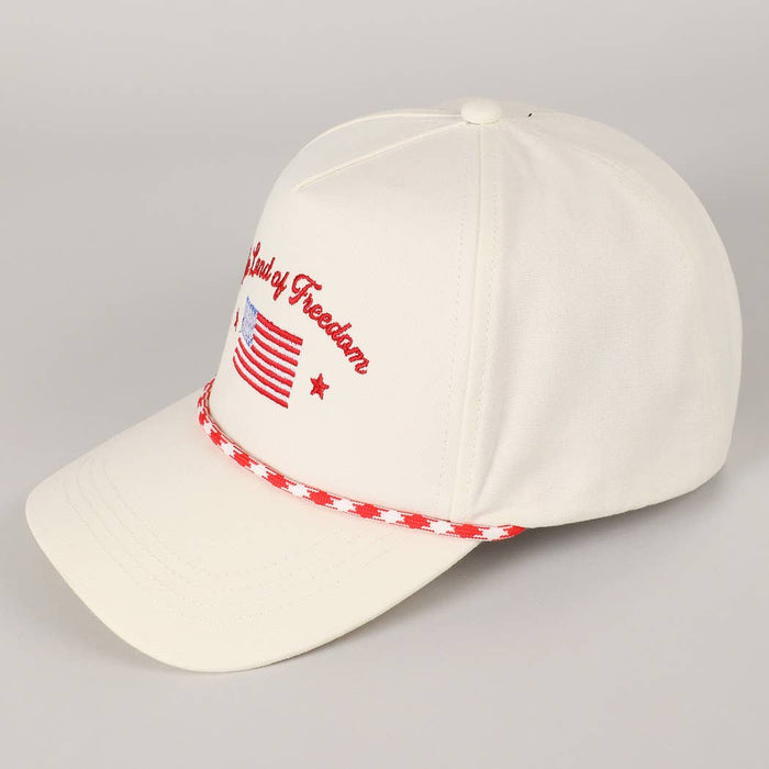 White cap with red text and American flag design 
