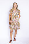 floral flutter sleeve dress with pockets and long tassels with braided brown sandals