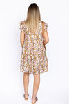 floral flutter sleeve dress and long tassels with braided brown sandals and brown bag