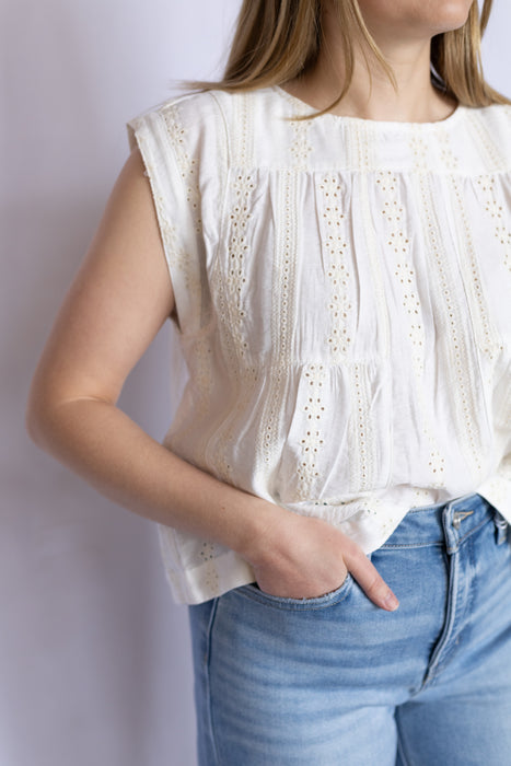Person wearing a white sleeveless top with lace details and blue jeans 