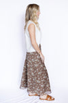 Floral Bias Cut Midi Skirt with white top, and brown sandals