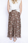 Floral Bias Cut Midi Skirt with white top, and brown sandals