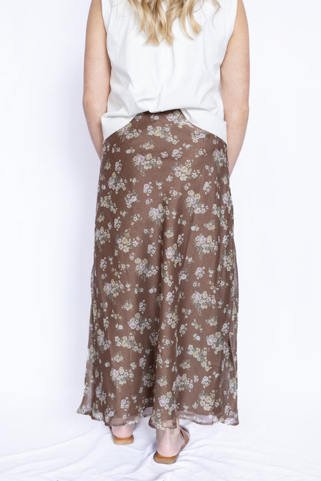 Floral Bias Cut Midi Skirt with white top, and brown sandals