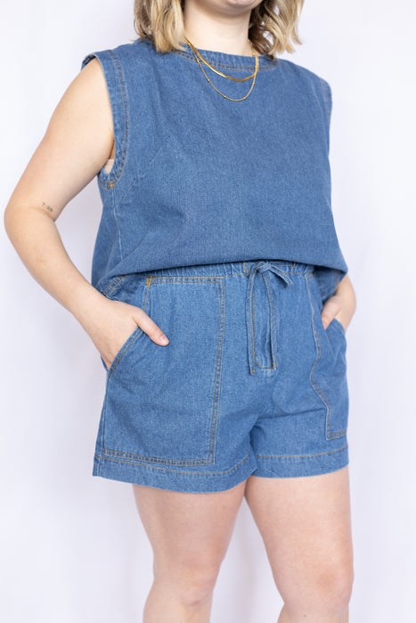 Washed Denim Sleeveless Top and denim shorts 