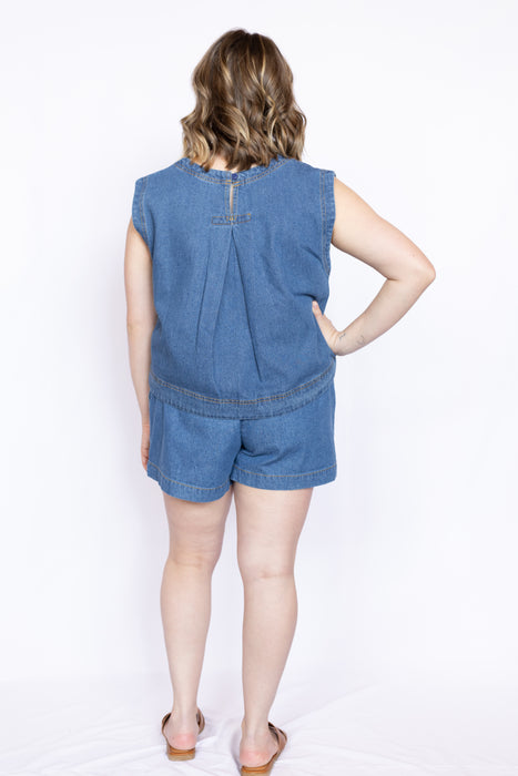 Washed Denim Sleeveless Top and denim shorts 
