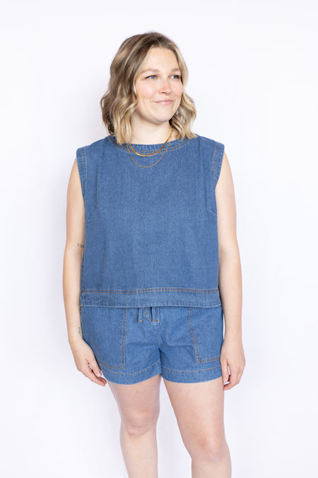 Washed Denim Sleeveless Top and denim shorts 