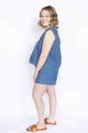 Washed Denim Sleeveless Top and denim shorts with brown open sandals