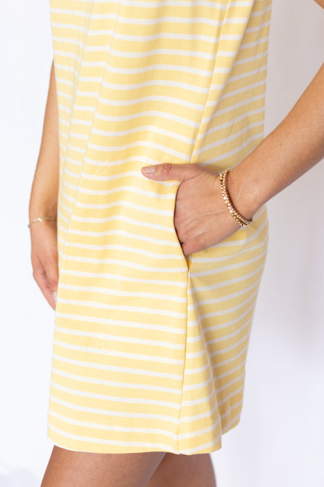 light yellow striped midi dress with pockets