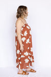 Rust Cloud Print Smocked Mini Dress with brown open sandals