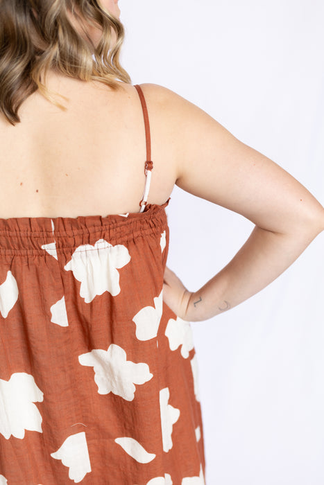 Rust Cloud Print Smocked Mini Dress with slim strap
