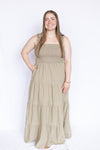 Striped Smocked Tiered Maxi Dress with brown sandals