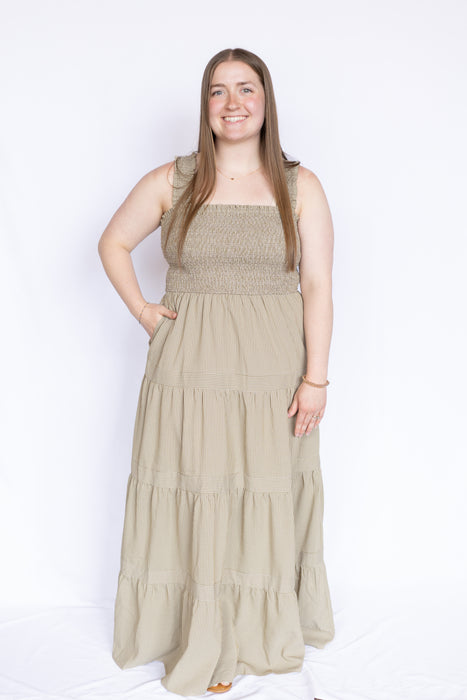 Striped Smocked Tiered Maxi Dress with brown sandals