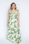 Green Abstract Tiered Maxi Dress with brown sandals