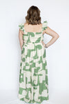 Green Abstract Tiered Maxi Dress with brown sandals