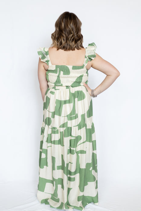 Green Abstract Tiered Maxi Dress with brown sandals