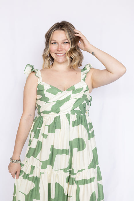 Green Abstract Tiered Maxi Dress 