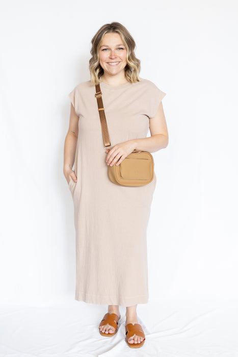 Mineral Wash Cap Sleeve Midi Dress with brown bag and open brown sandals