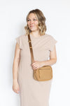 Mineral Wash Cap Sleeve Midi Dress with brown bag 