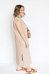 Mineral Wash Cap Sleeve Midi Dress with pockets, brown bag, and open brown sandals