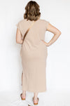 Mineral Wash Cap Sleeve Midi Dress with brown bag and open brown sandals