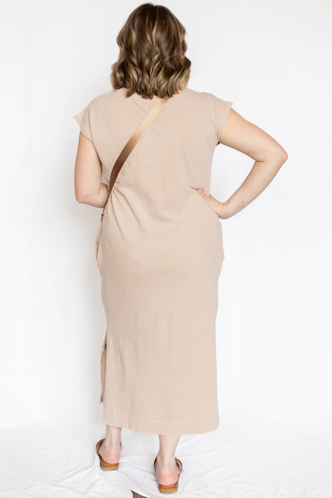 Mineral Wash Cap Sleeve Midi Dress with brown bag and open brown sandals