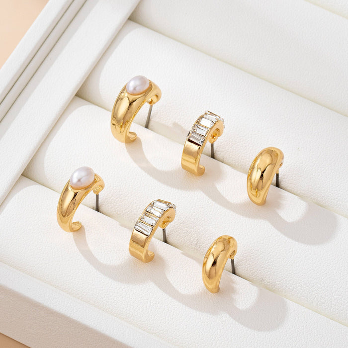 3-Piece Pearl & Rhinestone Huggie Hoop Earring Set