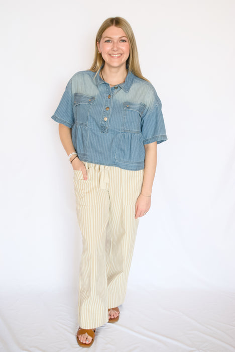 Pinstripe Denim Babydoll Top