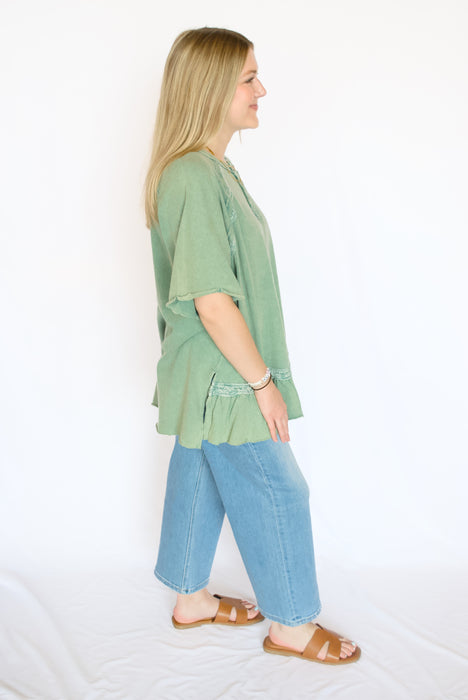 Mineral Washed Ruffle Hem Tunic Top