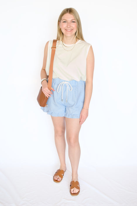 Blue Checkered Ruffle Hem Shorts