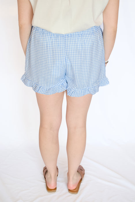 Blue Checkered Ruffle Hem Shorts