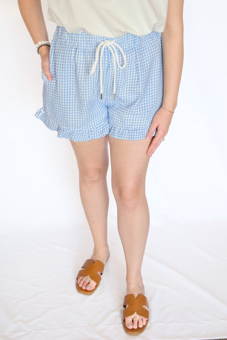 Blue Checkered Ruffle Hem Shorts
