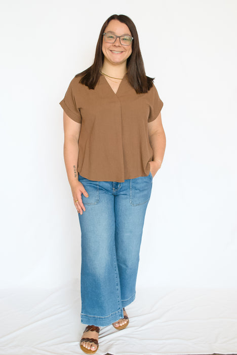 Linen Blend Pintuck Blouse | Collared Split Neck Top