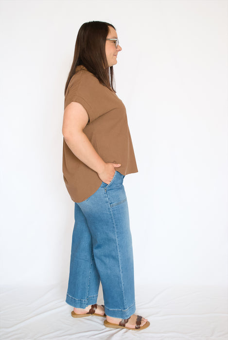 Linen Blend Pintuck Blouse | Collared Split Neck Top
