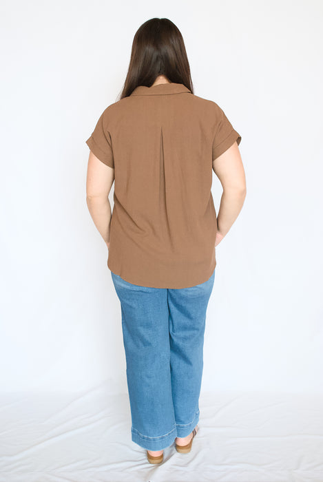 Linen Blend Pintuck Blouse | Collared Split Neck Top