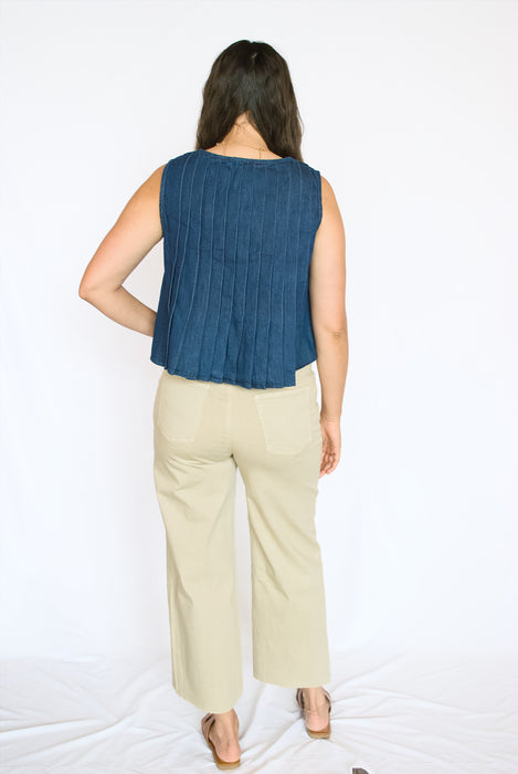 Denim Tie Front Tank Top | Sleeveless Pintuck Blouse