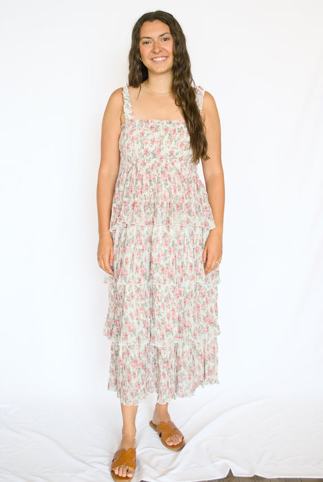 Rose Floral Smocked Tiered Midi Dress