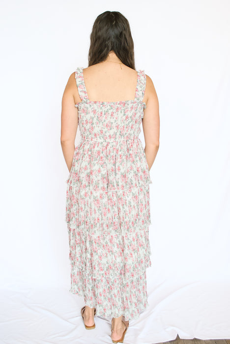 Rose Floral Smocked Tiered Midi Dress