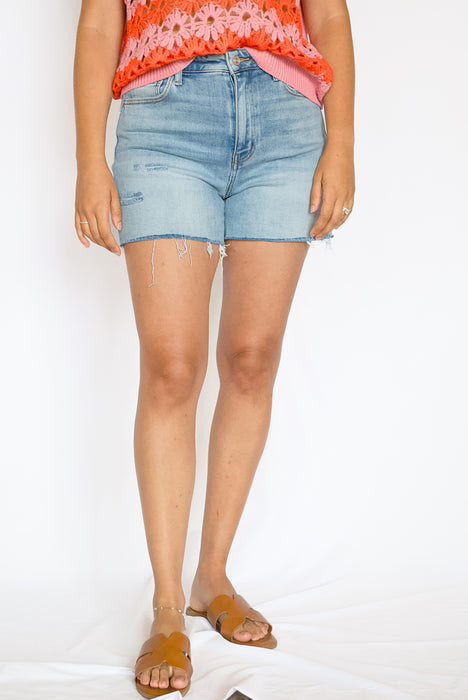 Super High Rise Distressed A-Line Denim Shorts | Light Wash Stretch