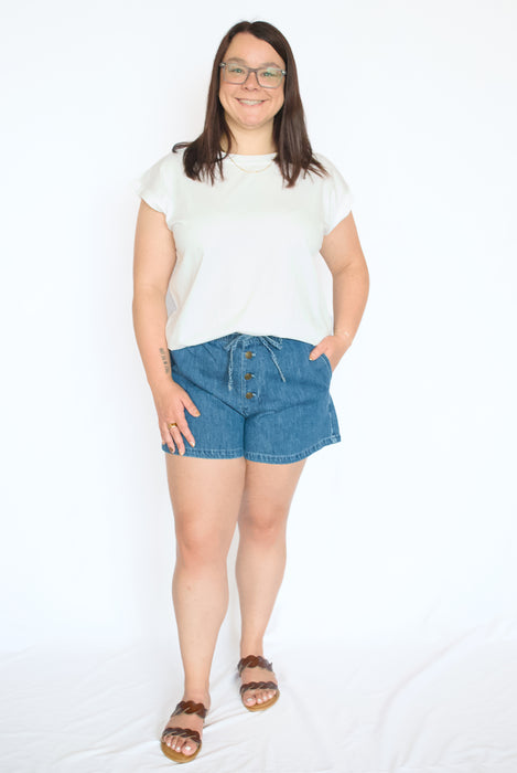 Washed Extended Shoulder Knit Top in White