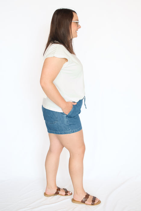 Washed Extended Shoulder Knit Top in White