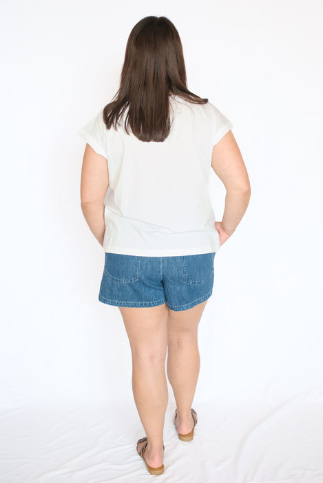 Washed Extended Shoulder Knit Top in White